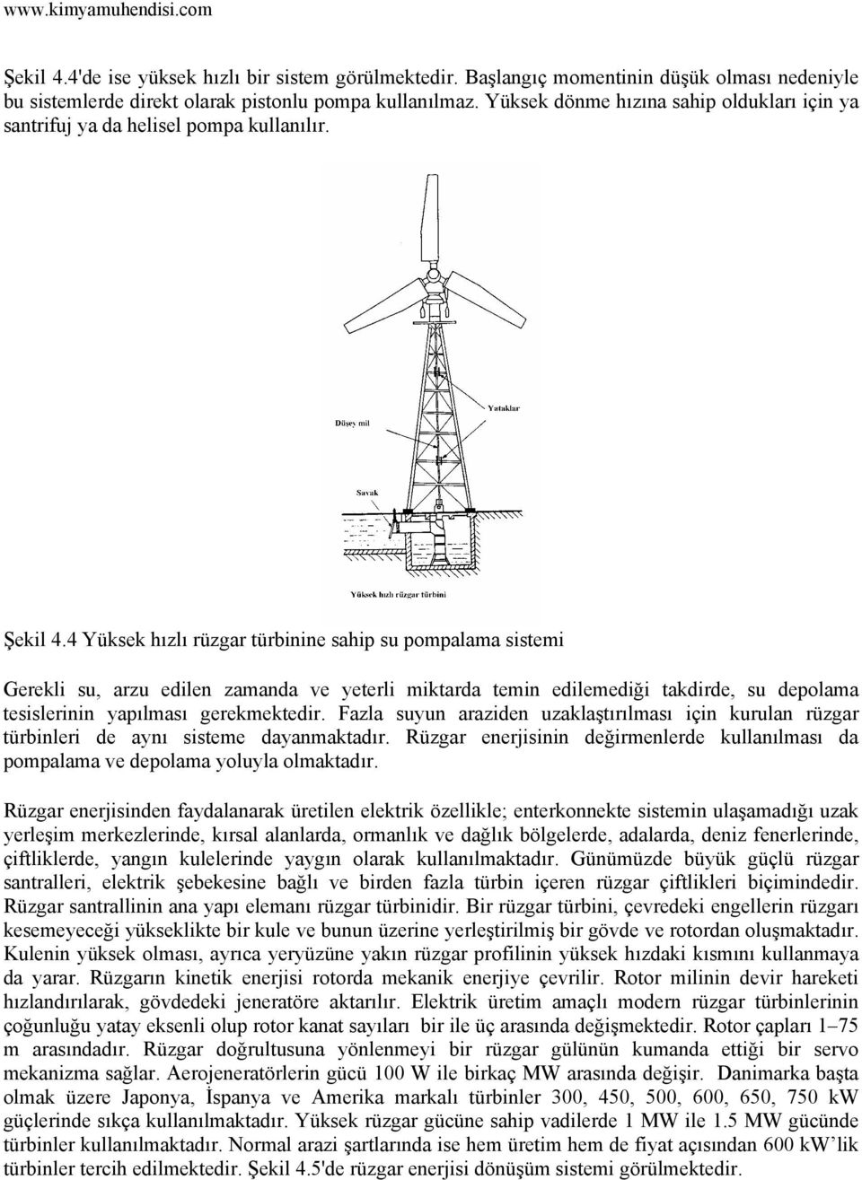 4 Yüksek hızlı rüzgar türbinine sahip su pompalama sistemi Gerekli su, arzu edilen zamanda ve yeterli miktarda temin edilemediği takdirde, su depolama tesislerinin yapılması gerekmektedir.