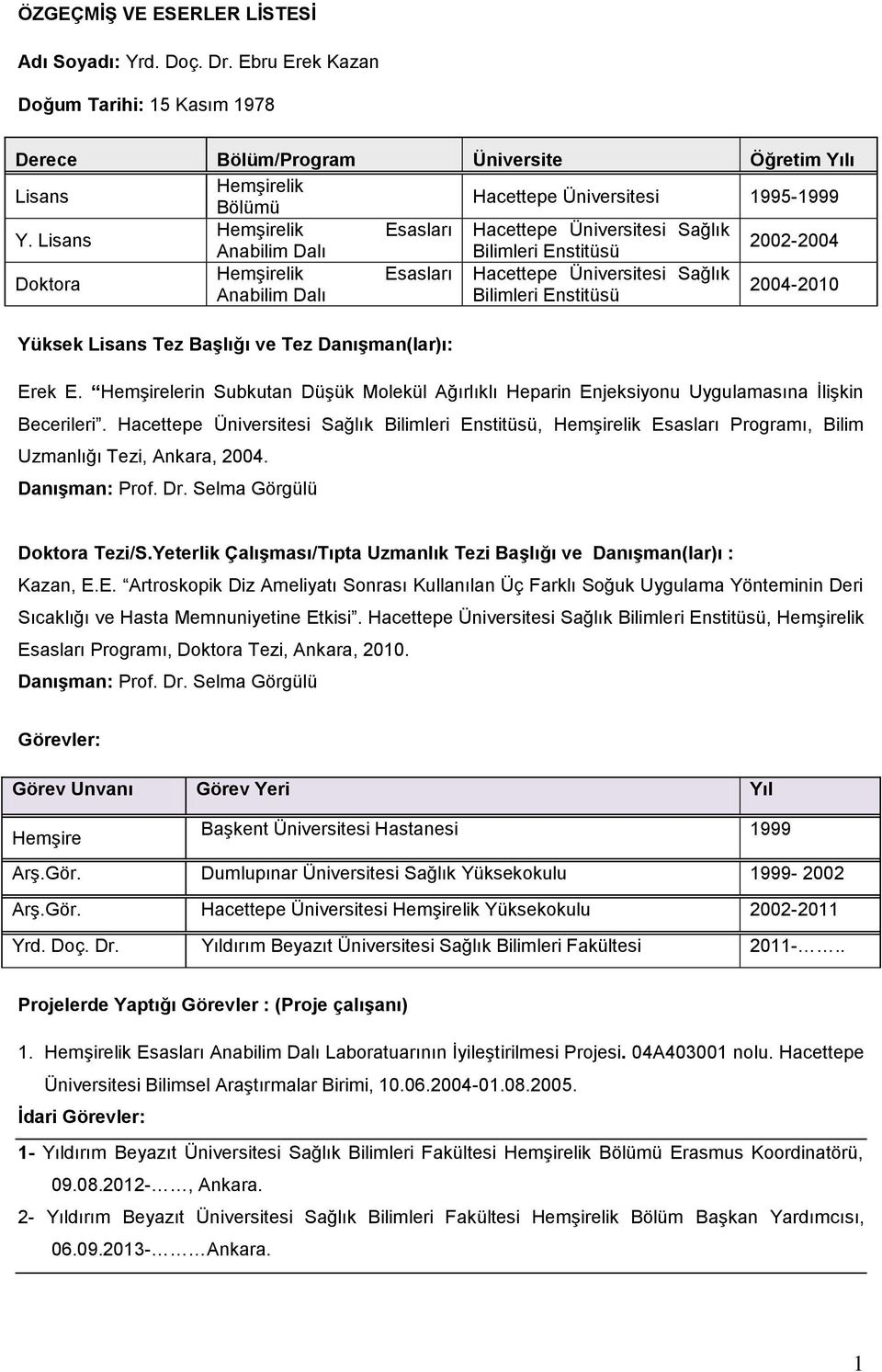 Lisans Hacettepe Üniversitesi Sağlık Anabilim Dalı Bilimleri Enstitüsü 2002-2004 Doktora Hacettepe Üniversitesi Sağlık Anabilim Dalı Bilimleri Enstitüsü 2004-2010 Yüksek Lisans Tez Başlığı ve Tez