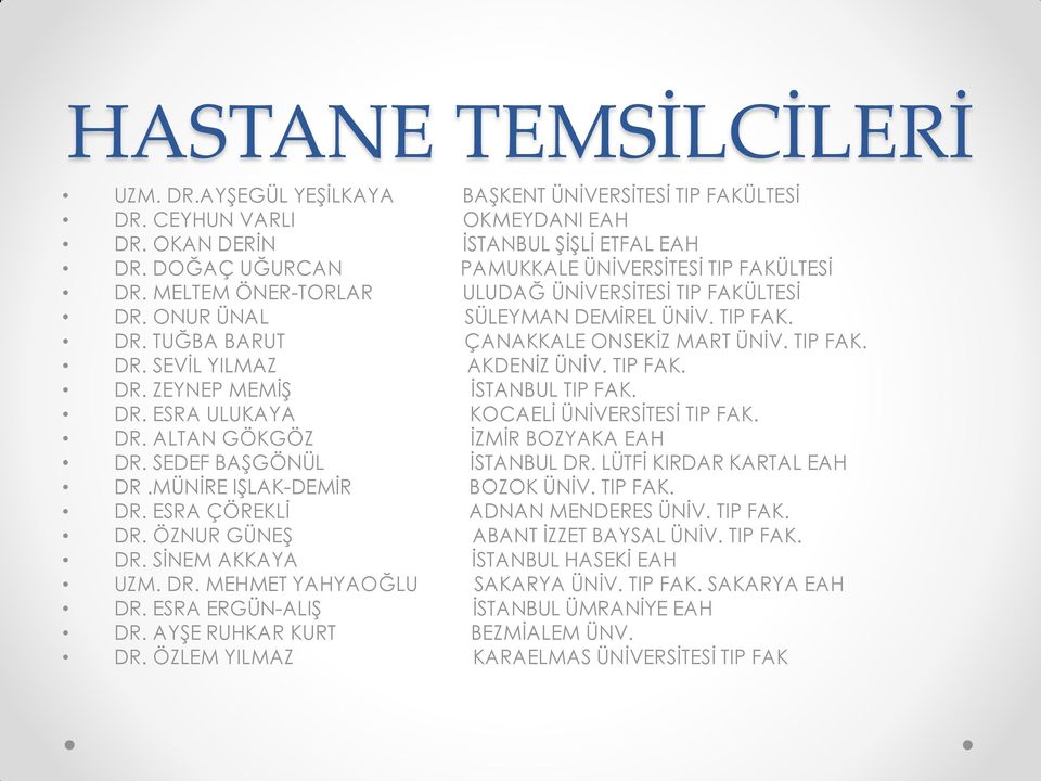 TIP FAK. DR. SEVİL YILMAZ AKDENİZ ÜNİV. TIP FAK. DR. ZEYNEP MEMİŞ İSTANBUL TIP FAK. DR. ESRA ULUKAYA KOCAELİ ÜNİVERSİTESİ TIP FAK. DR. ALTAN GÖKGÖZ İZMİR BOZYAKA EAH DR. SEDEF BAŞGÖNÜL İSTANBUL DR.