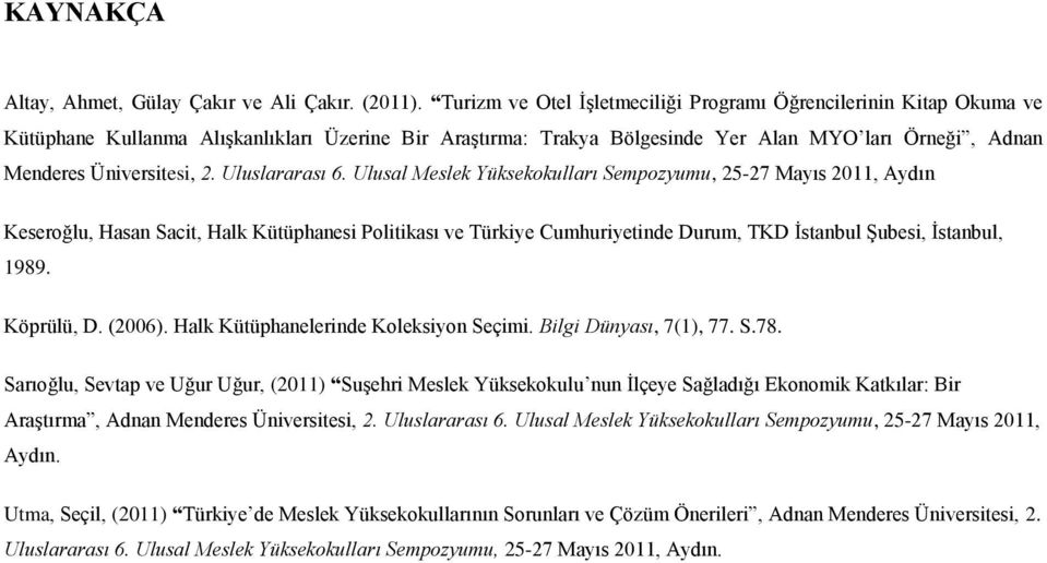 Uluslararası 6. Ulusal Meslek Yüksekokulları Sempozyumu, 25-27 Mayıs 2011, Aydın Keseroğlu, Hasan Sacit, Halk Politikası ve Türkiye Cumhuriyetinde Durum, TKD İstanbul Şubesi, İstanbul, 1989.