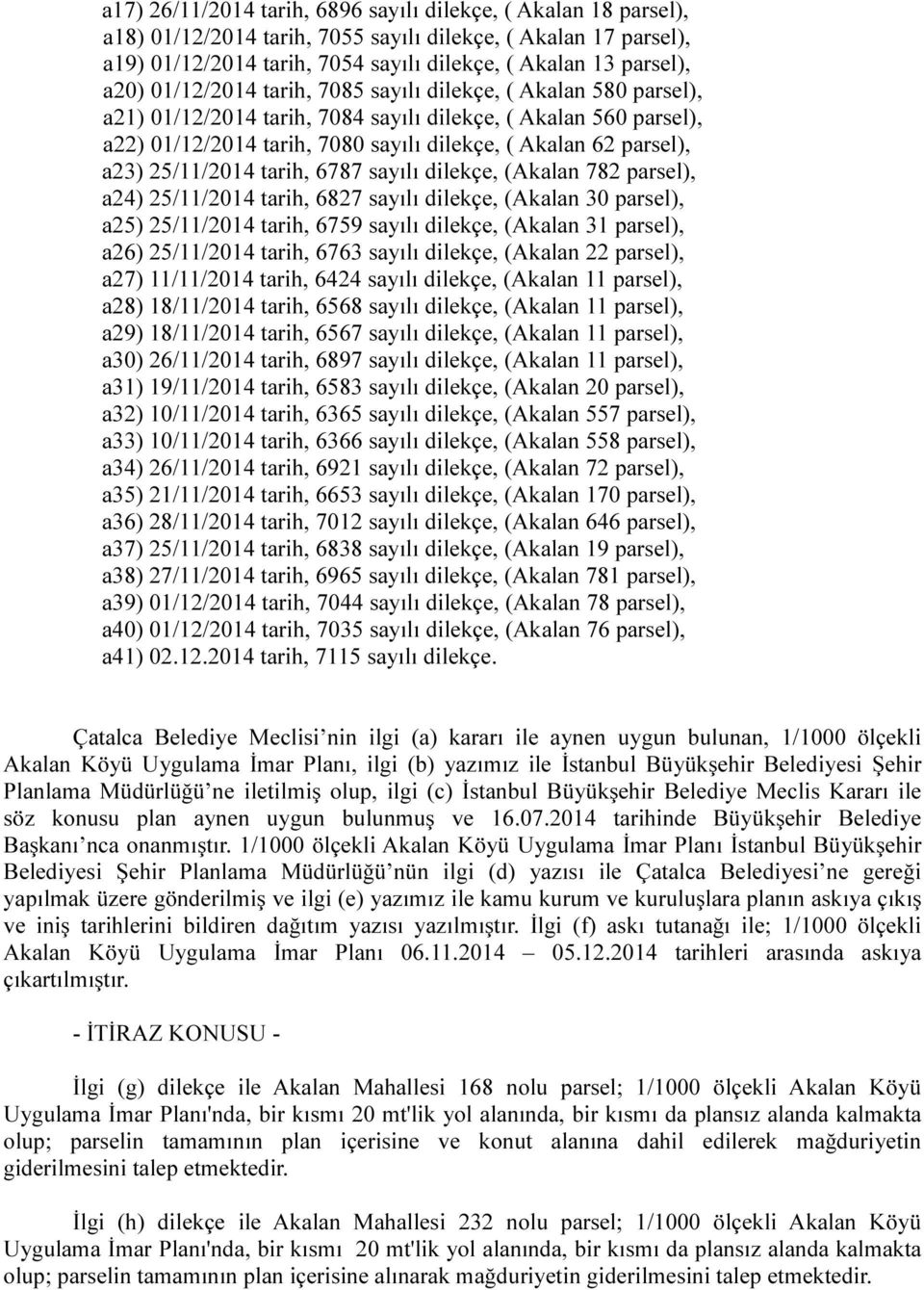 25/11/2014 tarih, 6787 sayılı dilekçe, (Akalan 782 parsel), a24) 25/11/2014 tarih, 6827 sayılı dilekçe, (Akalan 30 parsel), a25) 25/11/2014 tarih, 6759 sayılı dilekçe, (Akalan 31 parsel), a26)