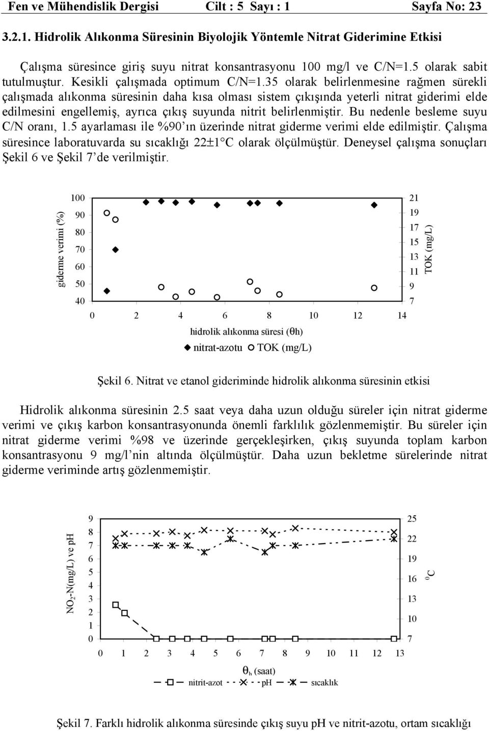 35 olarak belirlenmesine rağmen sürekli çalışmada alıkonma süresinin daha kısa olması sistem çıkışında yeterli nitrat giderimi elde edilmesini engellemiş, ayrıca çıkış suyunda nitrit belirlenmiştir.