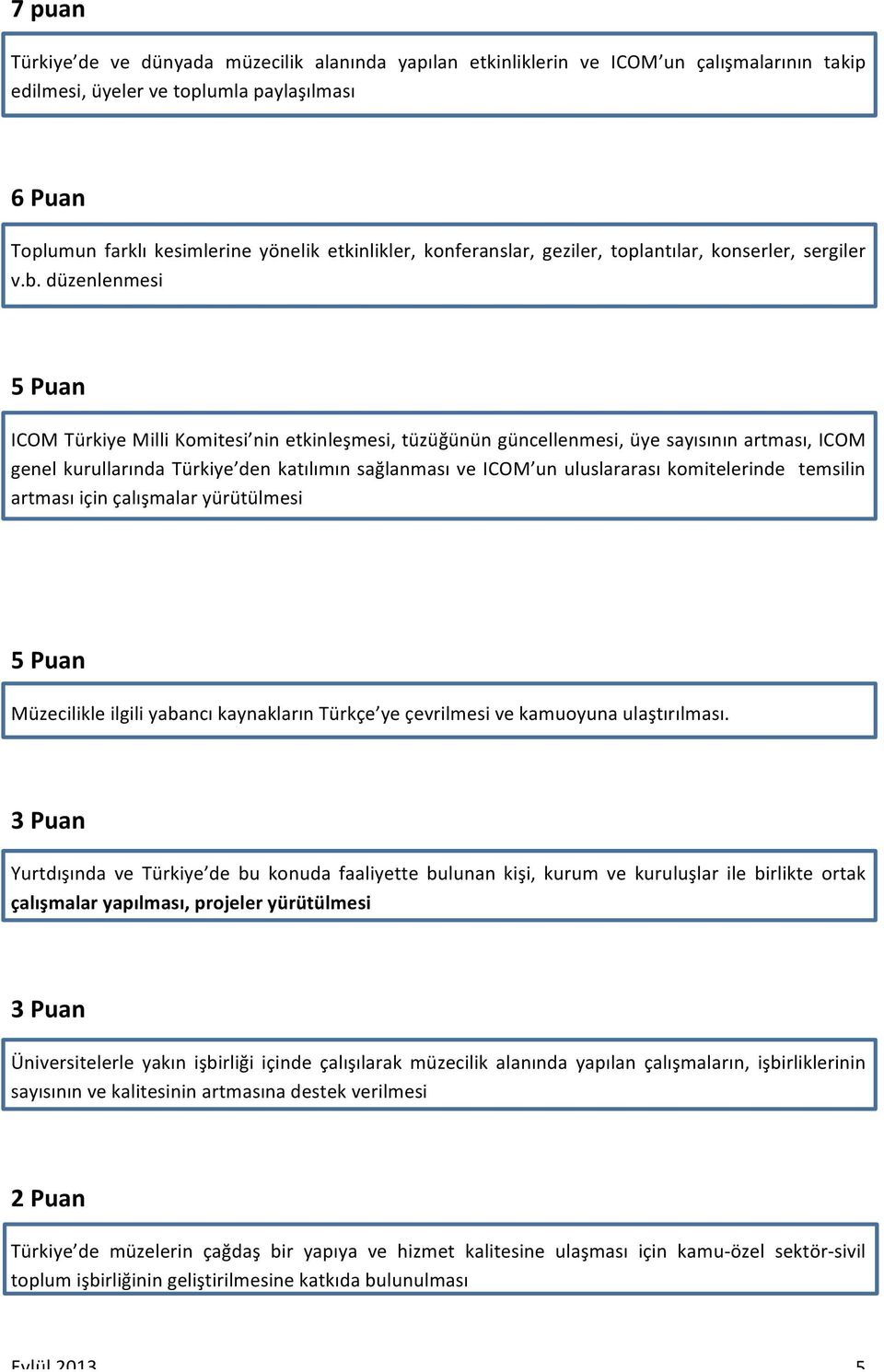 düzenlenmesi 5 Puan ICOM Türkiye Milli Komitesi nin etkinleşmesi, tüzüğünün güncellenmesi, üye sayısının artması, ICOM genel kurullarında Türkiye den katılımın sağlanması ve ICOM un uluslararası