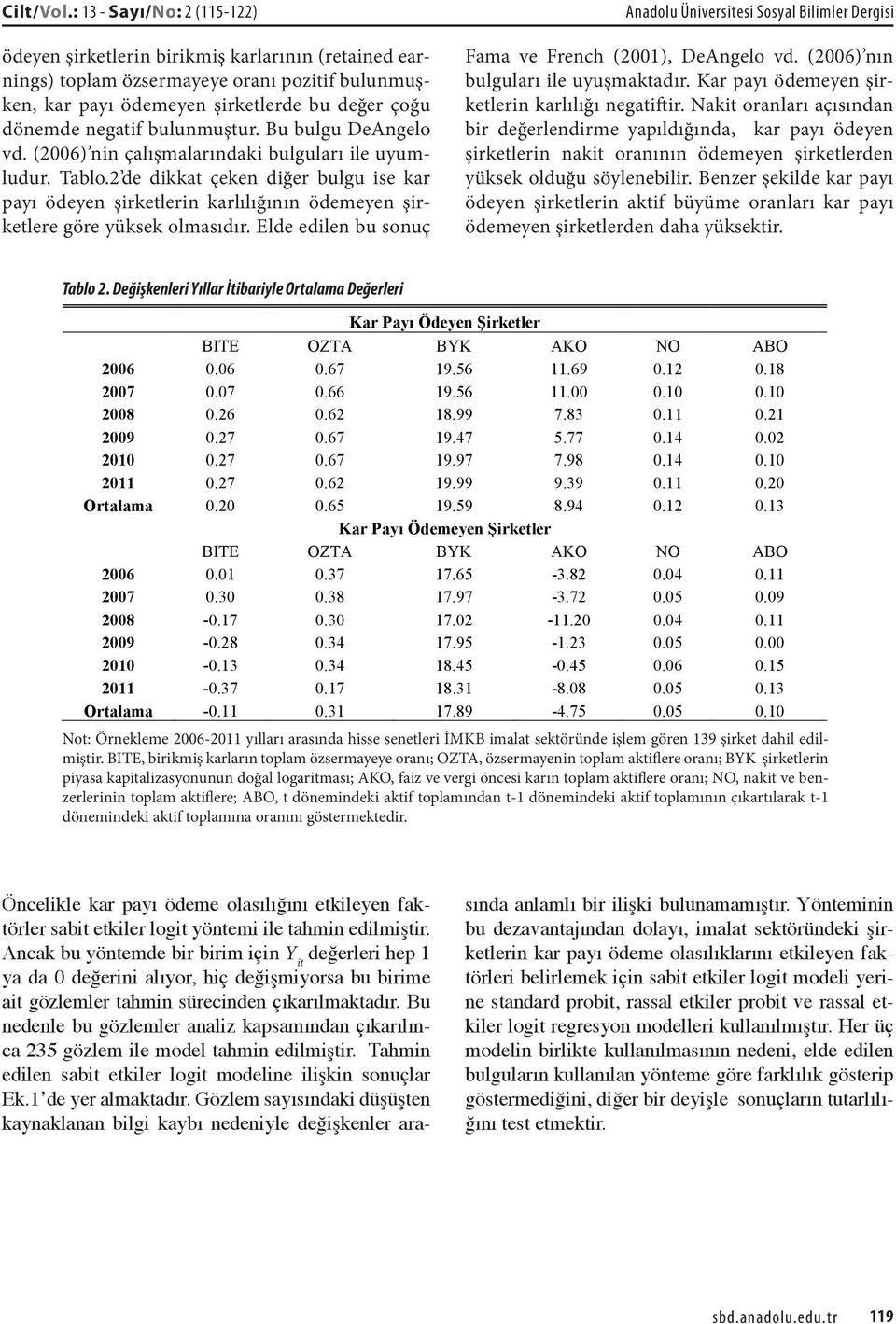 Bu bulgu DeAngelo vd. (2006) nn çalışmalarındak bulguları le uyumludur. Tablo.2 de dkkat çeken dğer bulgu se kar payı ödeyen şrketlern karlılığının ödemeyen şrketlere göre yüksek olmasıdır.