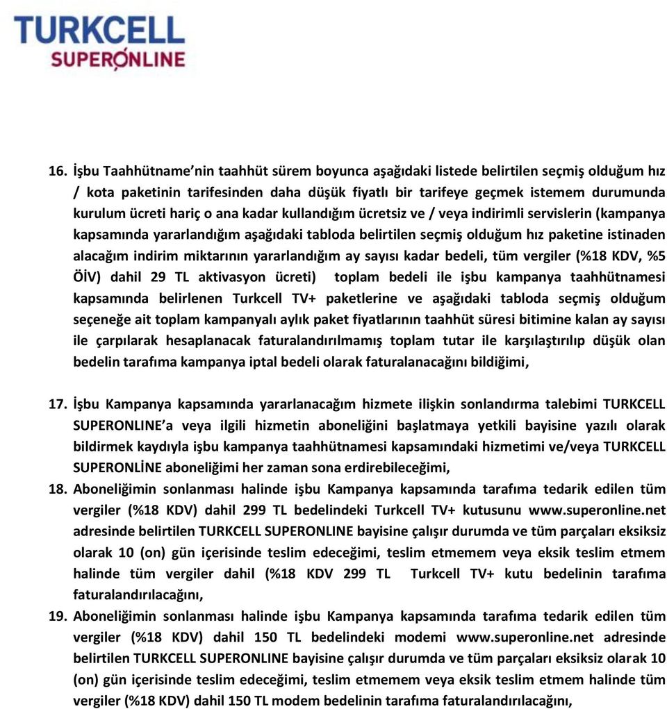 yararlandığım ay sayısı kadar bedeli, tüm vergiler (%18 KDV, %5 ÖİV) dahil 29 TL aktivasyon ücreti) toplam bedeli ile işbu kampanya taahhütnamesi kapsamında belirlenen paketlerine ve aşağıdaki