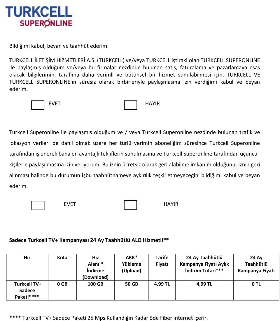 Superonline İletişim Hizmetleri A.Ş. Abonelik Sözleşmesi Eki Sadece Turkcell  TV+ Kampanyası TAAHHÜTNAMESİ - PDF Ücretsiz indirin