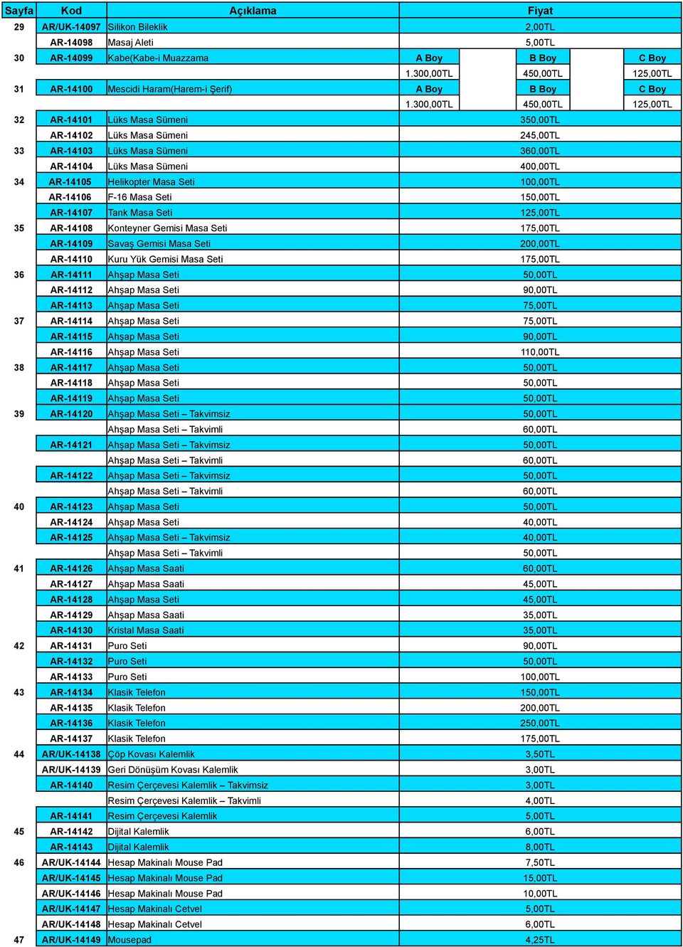 100,00TL AR-14106 F-16 Masa Seti 150,00TL AR-14107 Tank Masa Seti 12 35 AR-14108 Konteyner Gemisi Masa Seti 17 AR-14109 Savaş Gemisi Masa Seti 200,00TL AR-14110 Kuru Yük Gemisi Masa Seti 17 36