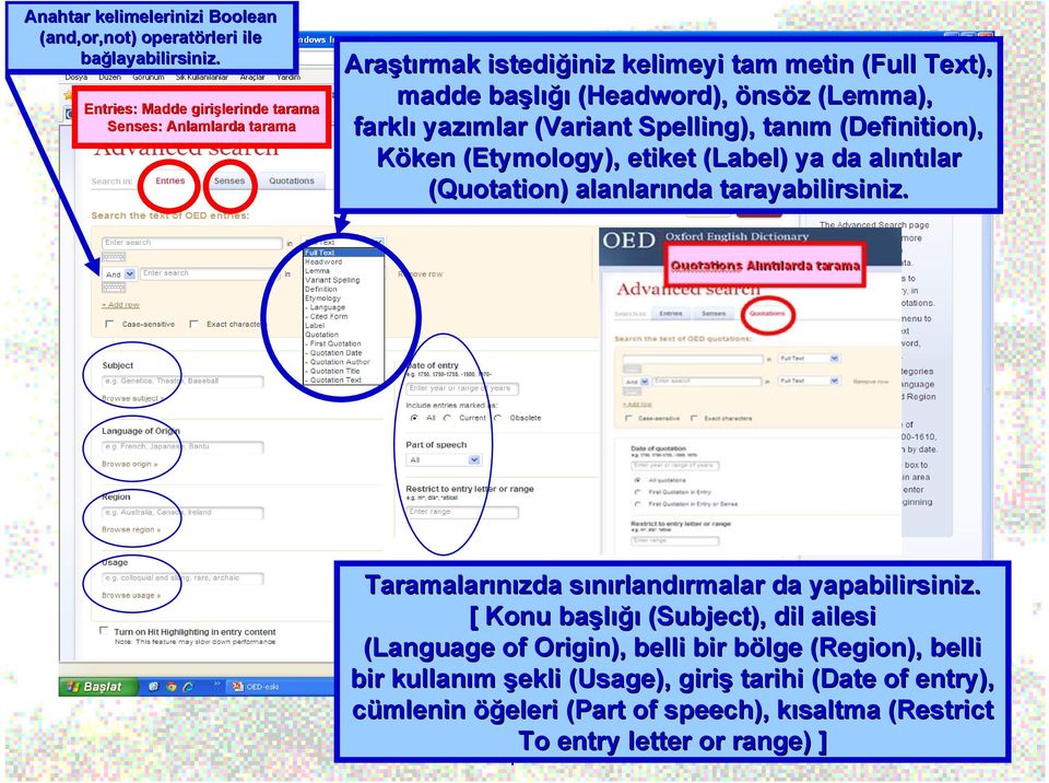 (Variant( Spelling), tanım m (Definition( Definition), Köken (Etymology( Etymology), etiket (Label( Label) ) ya da alınt ntılar (Quotation)) alanlarında nda tarayabilirsiniz.