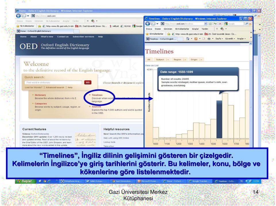 Kelimelerin İngilizce ye giriş tarihlerini gösterir.