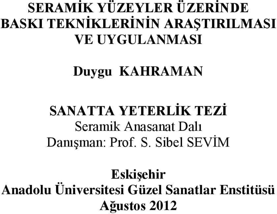 Seramik Anasanat Dalı Danışman: Prof. S.