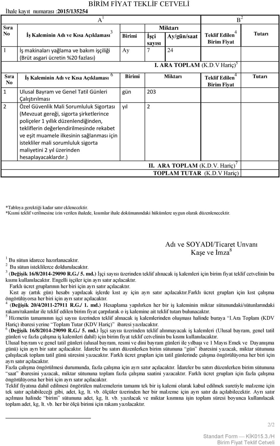 V Hariç) 5 Sıra İş Kaleminin Adı ve Kısa Açıklaması 6 Birimi Miktarı Teklif Edilen 4 No Birim Fiyat 1 Ulusal Bayram ve Genel Tatil Günleri gün 203 Çalıştırılması 2 Özel Güvenlik Mali Sorumluluk