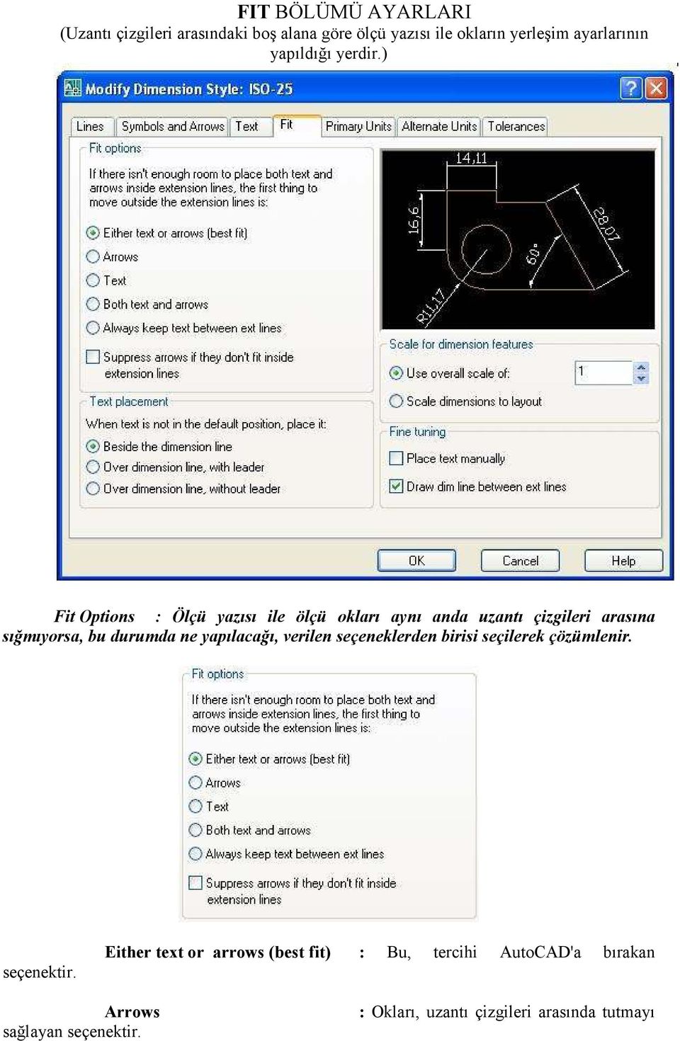 ) Fit Options : Ölçü yazısı ile ölçü okları aynı anda uzantı çizgileri arasına sığmıyorsa, bu durumda ne