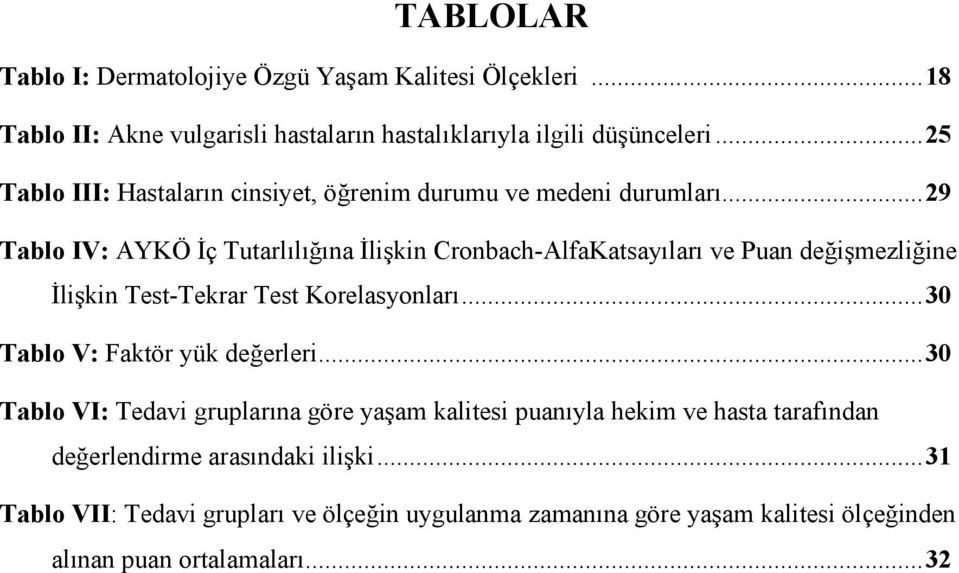 ..29 Tablo IV: AYKÖ İç Tutarlılığına İlişkin Cronbach-AlfaKatsayıları ve Puan değişmezliğine İlişkin Test-Tekrar Test Korelasyonları.