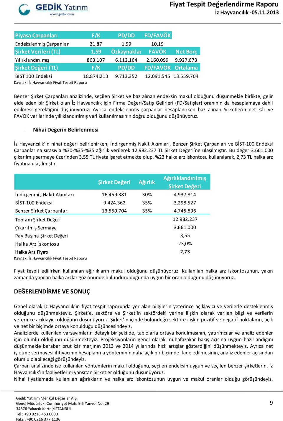 704 Benzer Şirket Çarpanları analizinde, seçilen Şirket ve baz alınan endeksin makul olduğunu düşünmekle birlikte, gelir elde eden bir Şirket olan İz Hayvancılık için Firma Değeri/Satış Gelirleri