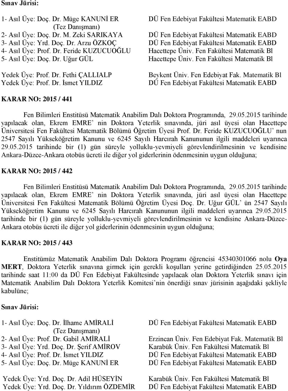 Fen Edebiyat Fak. Matematik Bl DÜ Fen Edebiyat Fakültesi Matematik EABD KARAR NO: 2015 / 441 Fen Bilimleri Enstitüsü Matematik Anabilim Dalı Doktora Programında, 29.05.