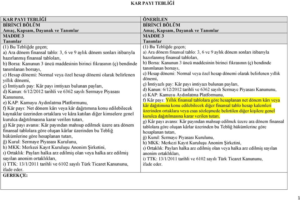 ç) İmtiyazlı pay: Kâr payı imtiyazı bulunan payları, d) Kanun: 6/12/2012 tarihli ve 6362 sayılı Sermaye Piyasası Kanununu, e) KAP: Kamuyu Aydınlatma Platformunu, f) Kâr payı: Net dönem kârı veya kâr