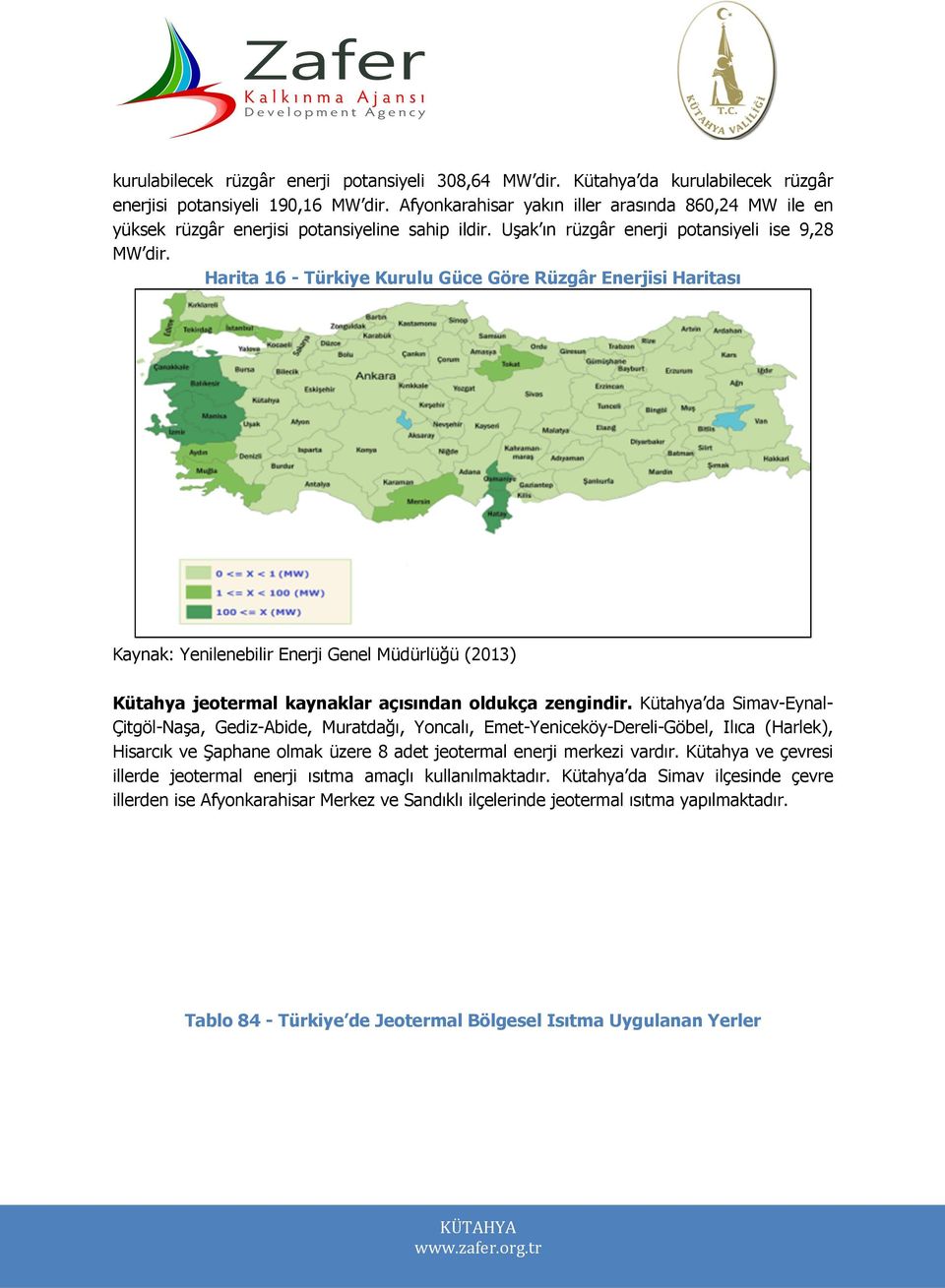 Harita 16 - Türkiye Kurulu Güce Göre Rüzgâr Enerjisi Haritası Kaynak: Yenilenebilir Enerji Genel Müdürlüğü (2013) Kütahya jeotermal kaynaklar açısından oldukça zengindir.