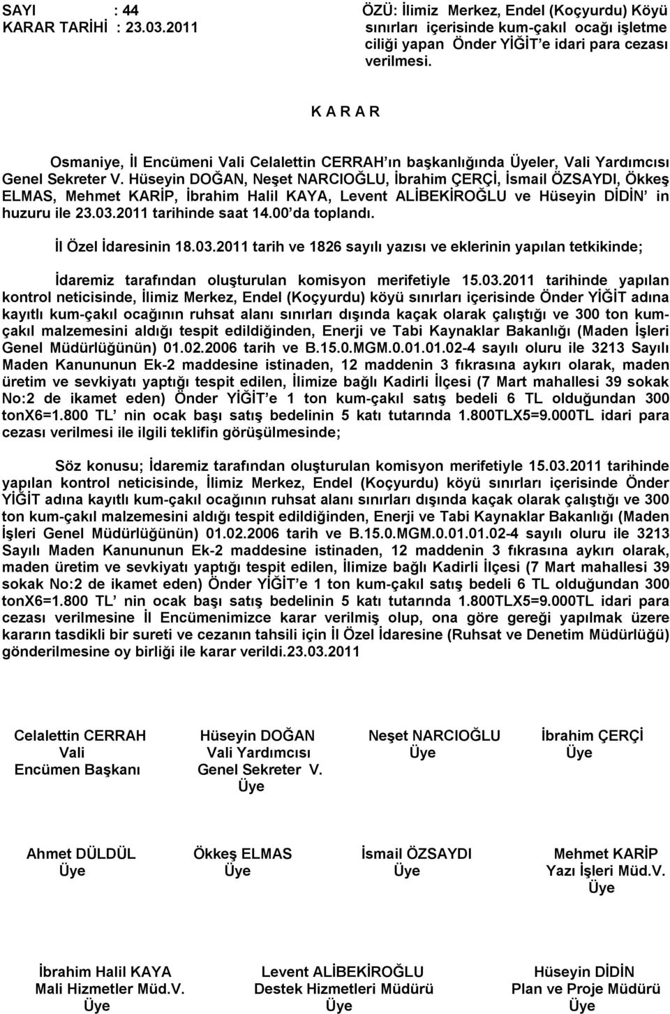 2011 tarihinde saat 14.00 da toplandı. İl Özel İdaresinin 18.03.