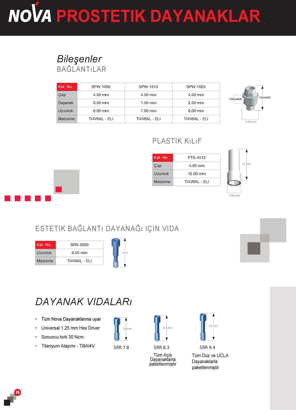 50 mm Length DAYANAK VIDALARı Tüm Nova Dayanaklarına uyar Universal 1.25 mm Hex Driver 7.8 mm 8. 9.4 mm Sonuncu tork 30 Ncm.