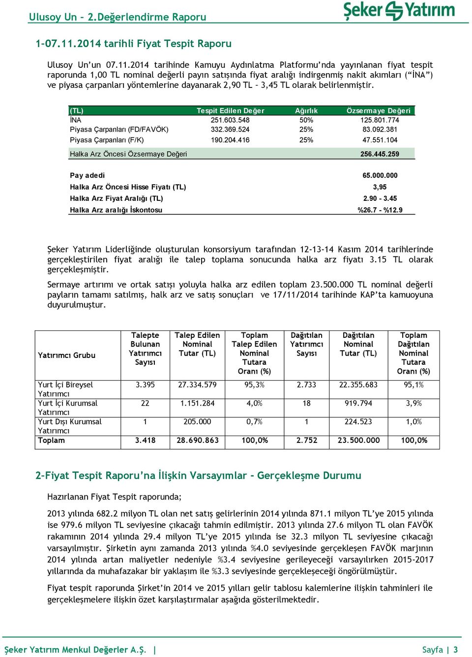 2014 tarihinde Kamuyu Aydınlatma Platformu nda yayınlanan fiyat tespit raporunda 1,00 TL nominal değerli payın satışında fiyat aralığı indirgenmiş nakit akımları ( İNA ) ve piyasa çarpanları