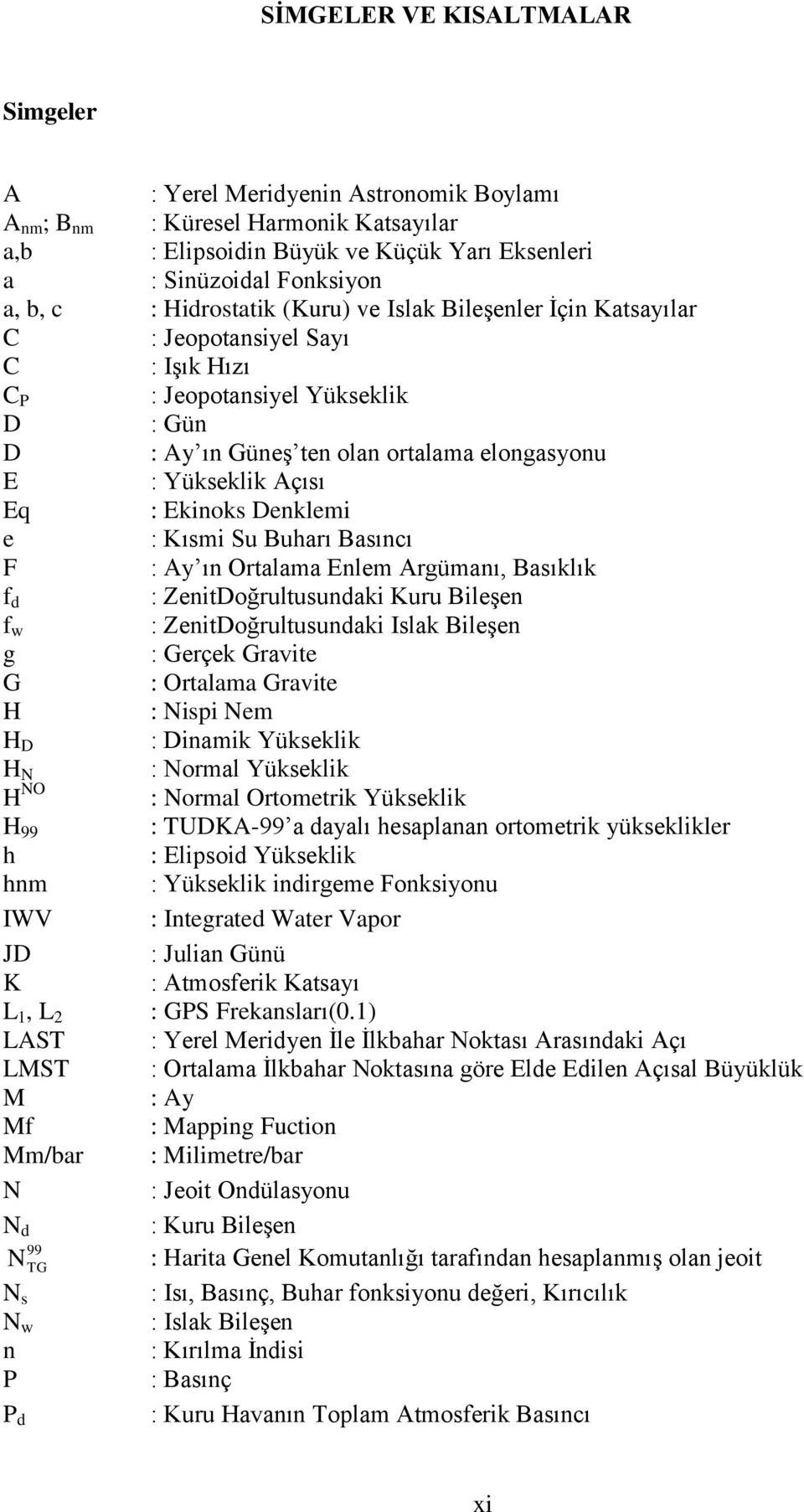 : Ekinoks Denklemi e : Kısmi Su Buharı Basıncı F : Ay ın Ortalama Enlem Argümanı, Basıklık f d : ZenitDoğrultusundaki Kuru Bileşen f w : ZenitDoğrultusundaki Islak Bileşen g : Gerçek Gravite G :