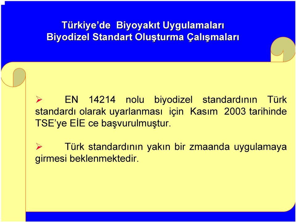 olarak uyarlanması için Kasım 2003 tarihinde TSE ye EİE ce