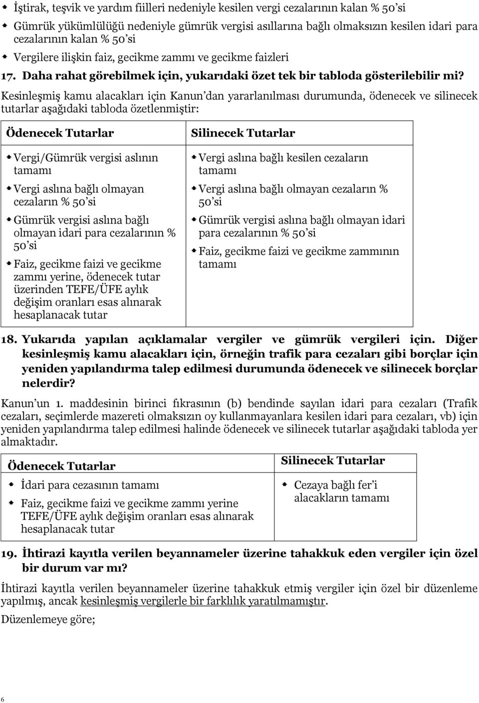 KesinleĢmiĢ kamu alacakları için Kanun dan yararlanılması durumunda, ödenecek ve silinecek tutarlar aģağıdaki tabloda özetlenmiģtir: Ödenecek Tutarlar Vergi/Gümrük vergisi aslının tamamı Vergi aslına