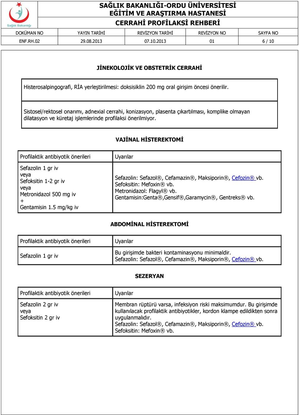 VAJĠNAL HĠSTEREKTOMĠ Sefazolin 1 gr iv Sefoksitin 1-2 gr iv Metronidazol 500 mg iv Gentamisin 1.5 mg/kg iv Sefoksitin: Mefoxin vb. Metronidazol: Flagyl vb.