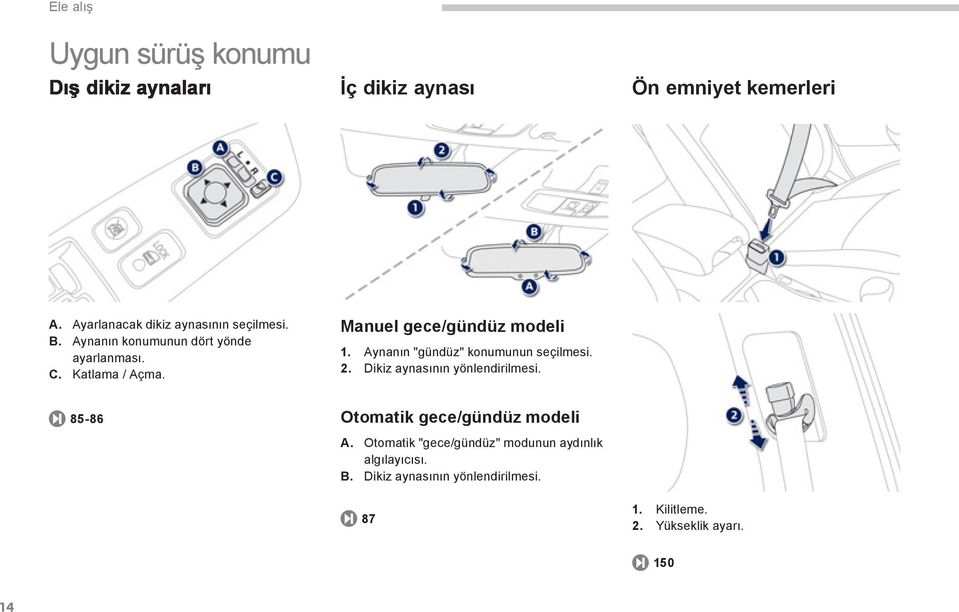 Aynanın "gündüz" konumunun seçilmesi. 2. Dikiz aynasının yönlendirilmesi. 85-86 Otomatik gece/gündüz modeli A.