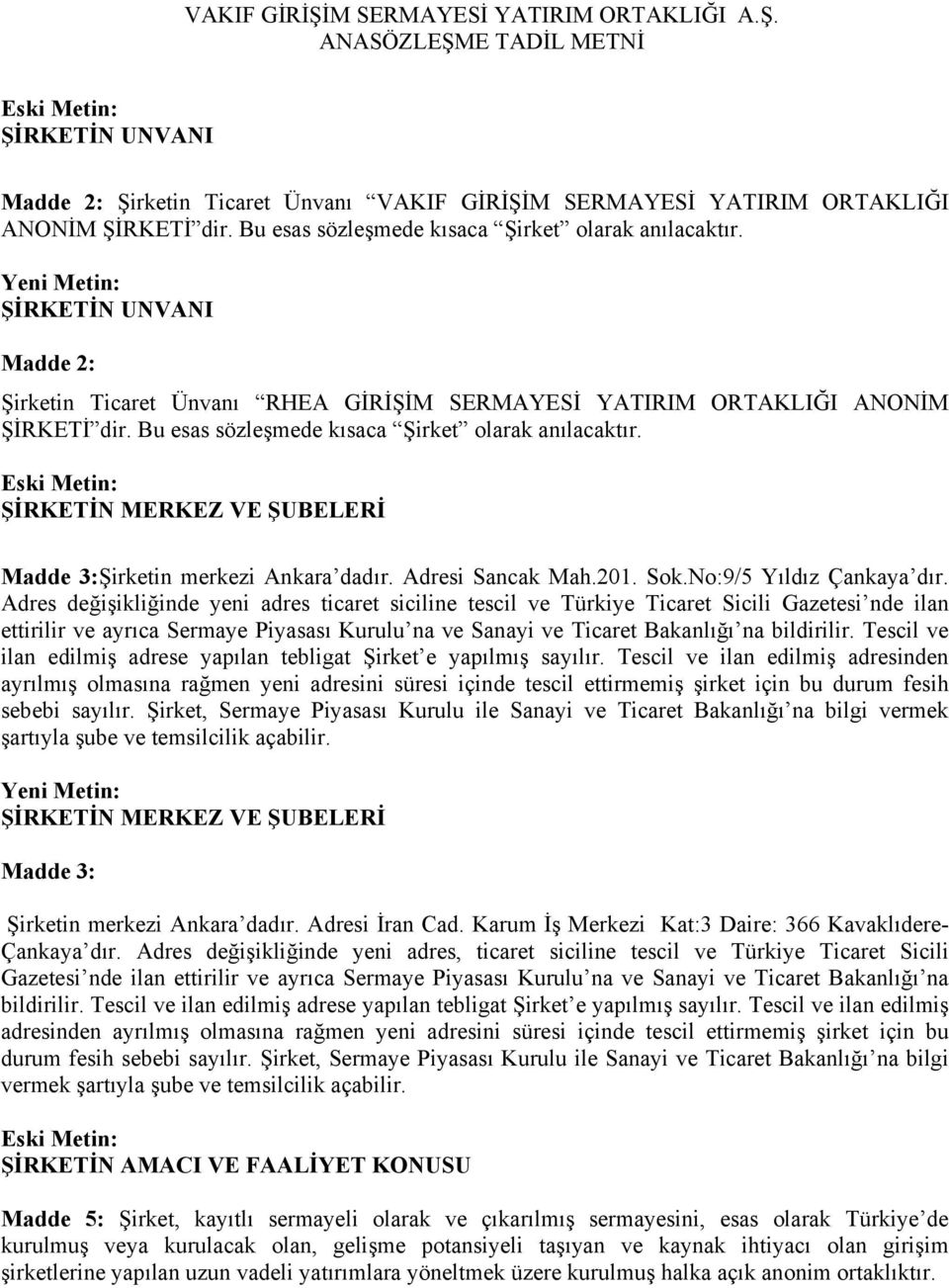 Bu esas sözleşmede kısaca Şirket olarak anılacaktır. ŞİRKETİN MERKEZ VE ŞUBELERİ Madde 3:Şirketin merkezi Ankara dadır. Adresi Sancak Mah.201. Sok.No:9/5 Yıldız Çankaya dır.