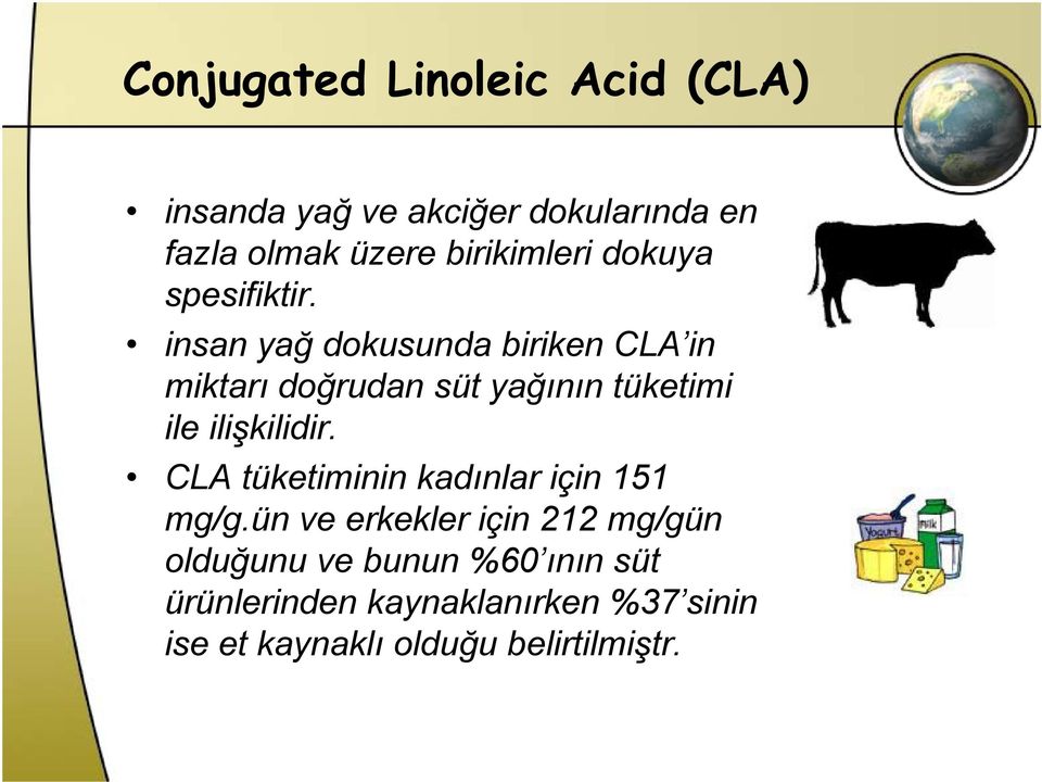 insan yağğ dokusunda d birikenik CLA in miktarı doğrudan süt yağının tüketimi ile ilişkilidir.