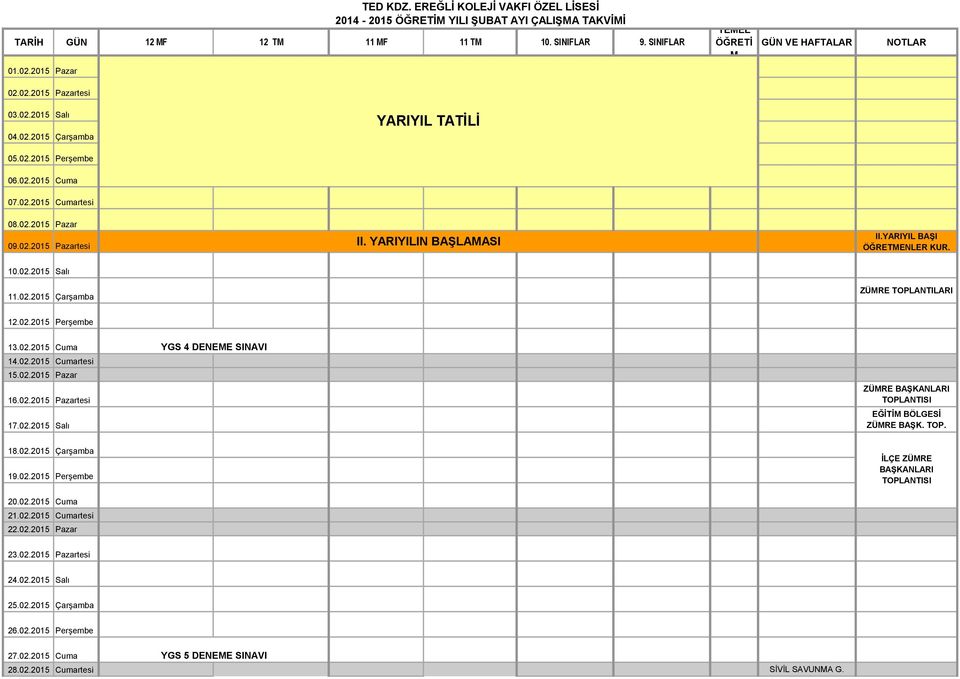 02.2015 Cuma 14.02.2015 Cumartesi 15.02.2015 Pazar 16.02.2015 Pazartesi 17.02.2015 Salı YGS 4 DENEE SINAVI ZÜRE BAŞKANLARI TOPLANTISI EĞİTİ BÖLGESİ ZÜRE BAŞK. TOP. 18.02.2015 Çarşamba 19.02.2015 Perşembe 20.