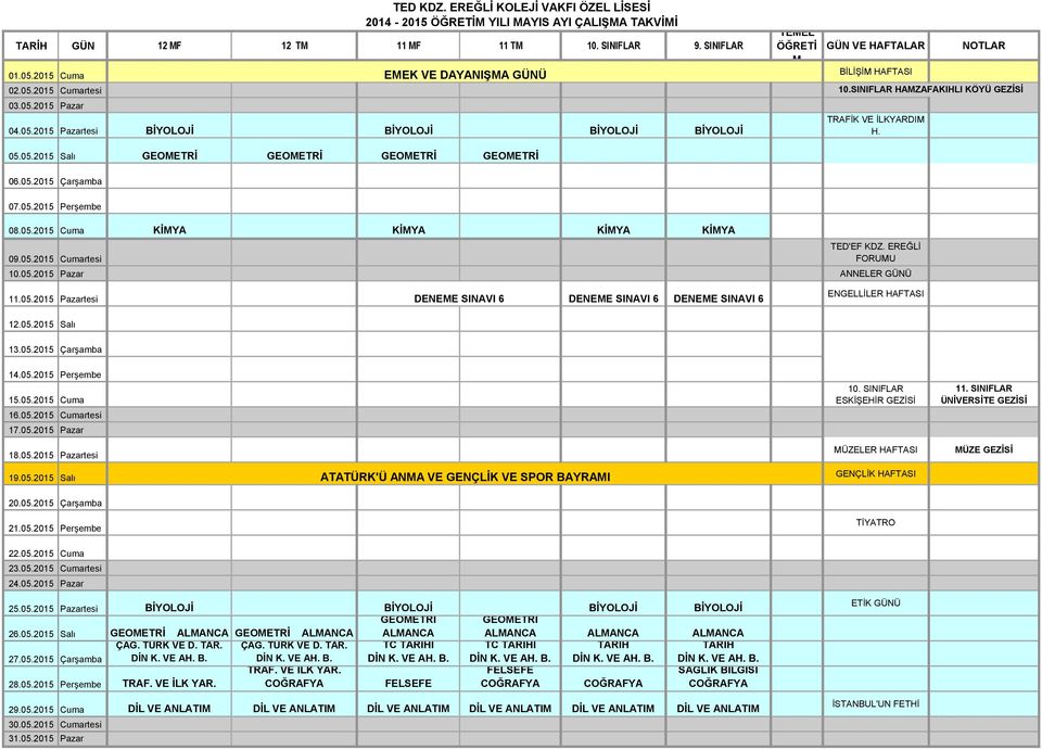 05.2015 Cumartesi TED'EF KDZ. EREĞLİ FORUU 10.05.2015 Pazar ANNELER GÜNÜ 11.05.2015 Pazartesi DENEE SINAVI 6 DENEE SINAVI 6 DENEE SINAVI 6 ENGELLİLER HAFTASI 12.05.2015 Salı 13.05.2015 Çarşamba 14.05.2015 Perşembe 15.