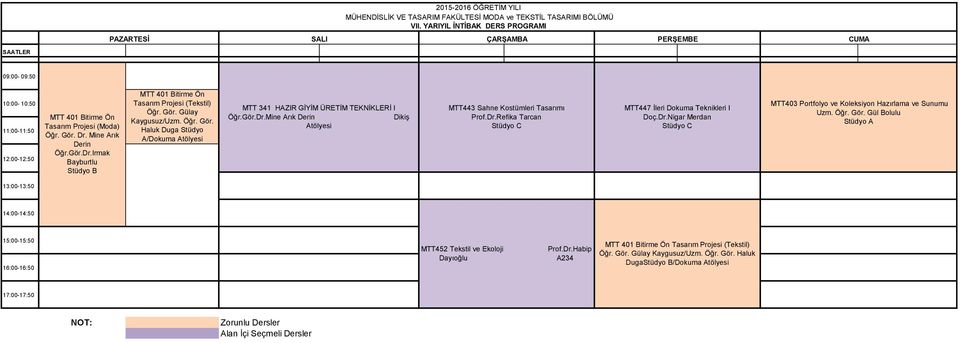 Gör.Dr.Mine Arık Derin Dikiş Atölyesi MTT443 Sahne Kostümleri Tasarımı Prof.Dr.Refika Tarcan MTT447 İleri Dokuma Teknikleri I Doç.Dr.Nigar Merdan MTT403 Portfolyo ve Koleksiyon Hazırlama ve Sunumu Uzm.