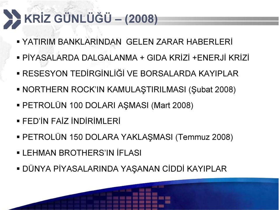 KAMULAŞTIRILMASI (Şubat 2008) PETROLÜN 100 DOLARI AŞMASI (Mart 2008) FED İN FAİZ İNDİRİMLERİ