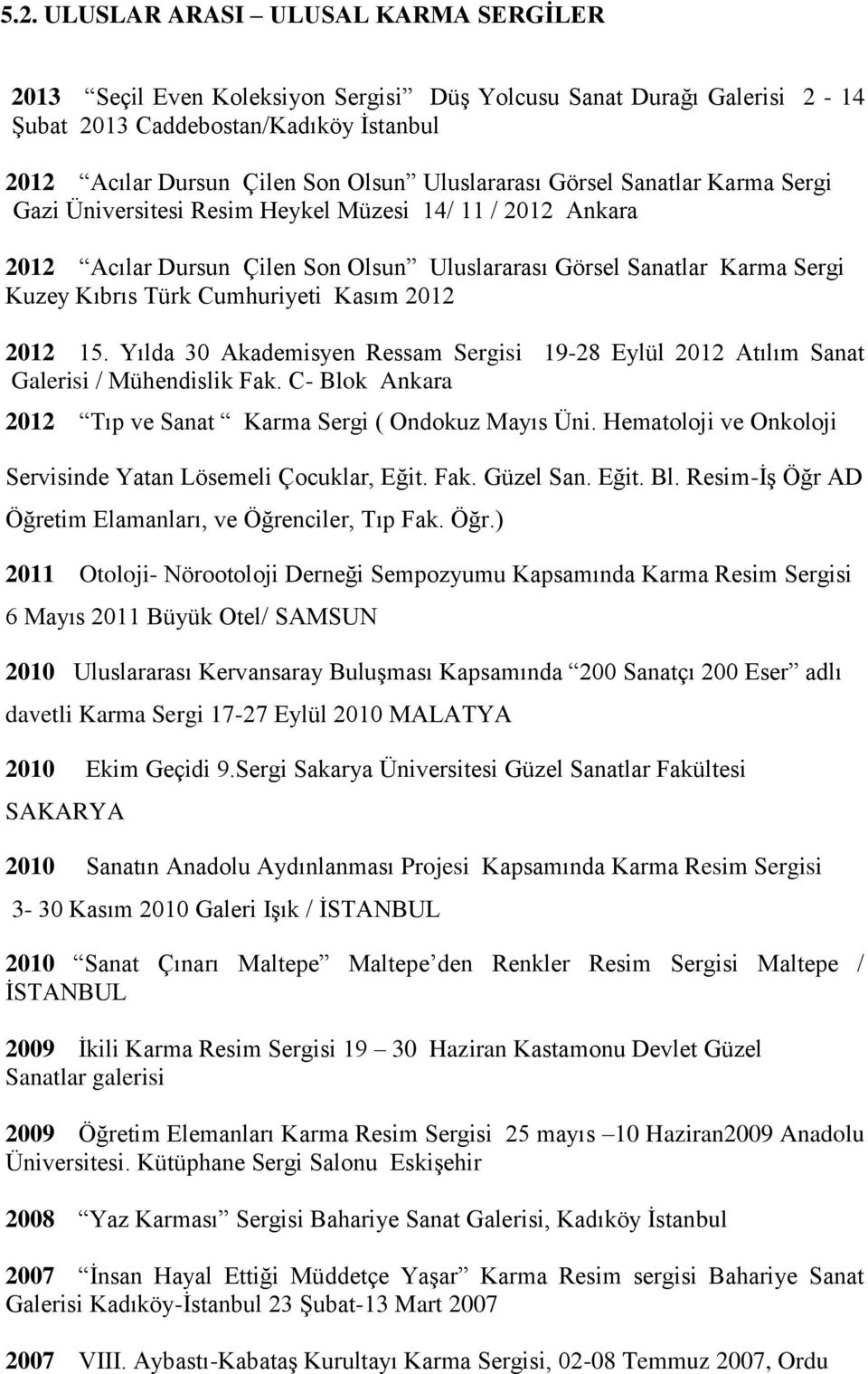 Cumhuriyeti Kasım 2012 2012 15. Yılda 30 Akademisyen Ressam Sergisi 19-28 Eylül 2012 Atılım Sanat Galerisi / Mühendislik Fak. C- Blok Ankara 2012 Tıp ve Sanat Karma Sergi ( Ondokuz Mayıs Üni.