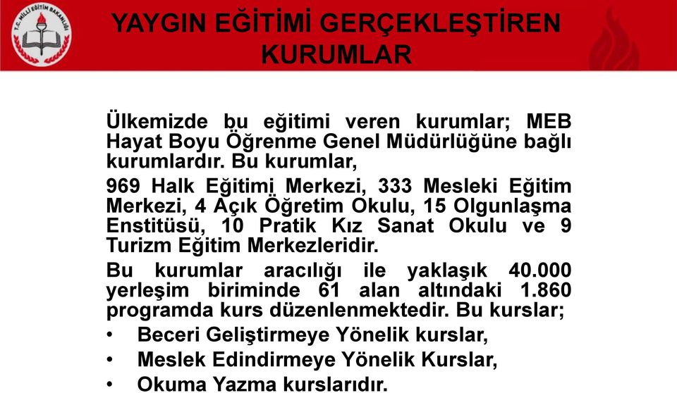 Okulu ve 9 Turizm Eğitim Merkezleridir. Bu kurumlar aracılığı ile yaklaşık 40.000 yerleşim biriminde 61 alan altındaki 1.