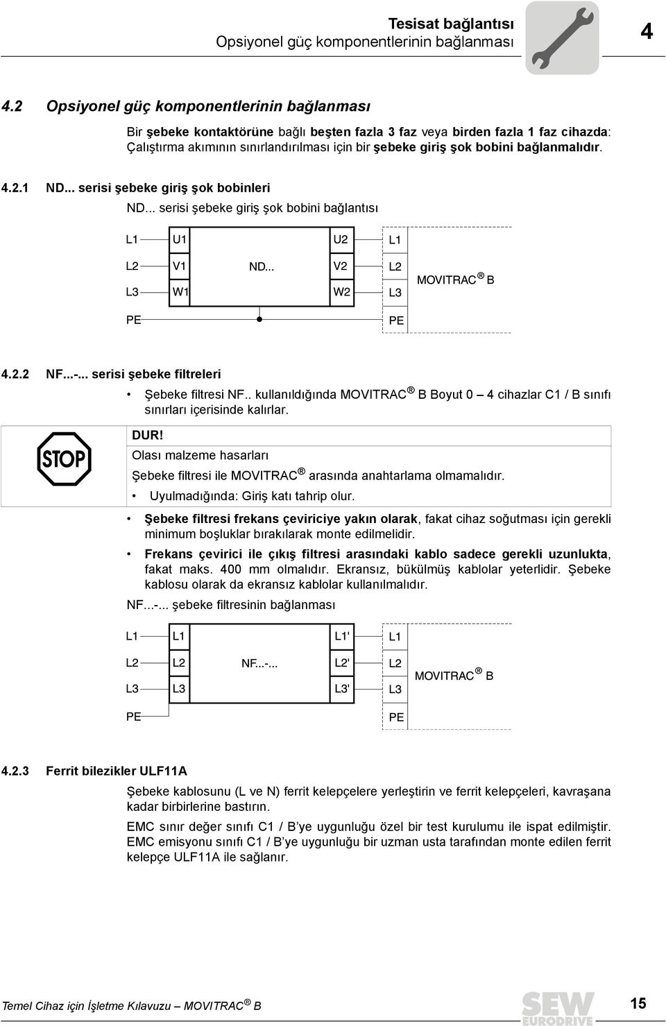 bağlanmalıdır. 4.2.1 ND... serisi şebeke giriş şok bobinleri ND... serisi şebeke giriş şok bobini bağlantısı B 4.2.2 NF...-... serisi şebeke filtreleri Şebeke filtresi NF.