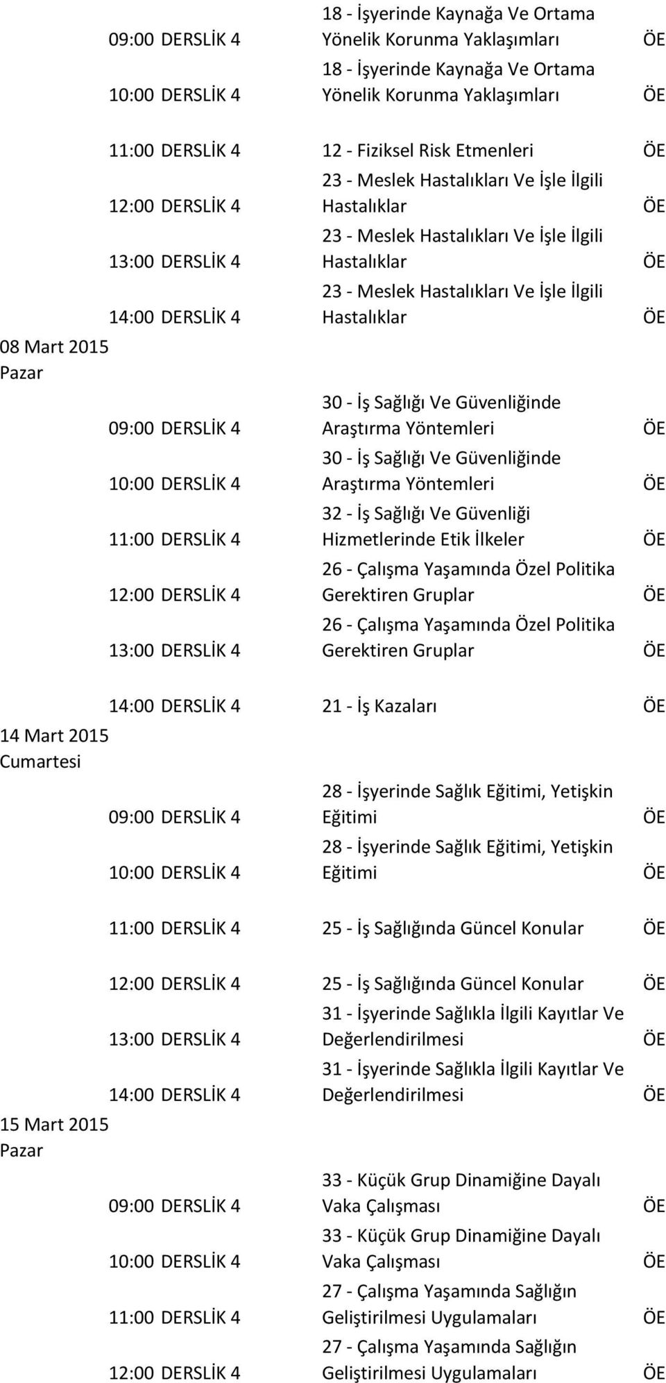 Araştırma Yöntemleri 32 - İş Sağlığı Ve Güvenliği Hizmetlerinde Etik İlkeler Gerektiren Gruplar Gerektiren Gruplar 14 Mart 2015 14:00 DERSLİK 4 21 - İş Kazaları 09:00 DERSLİK 4 10:00 DERSLİK 4 28 -