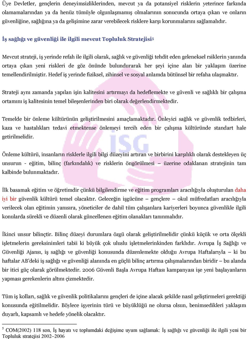 İş sağlığı ve güvenliği ile ilgili mevcut Topluluk Stratejisi 5 Mevcut strateji, iş yerinde refah ile ilgili olarak, sağlık ve güvenliği tehdit eden geleneksel rsiklerin yanında ortaya çıkan yeni