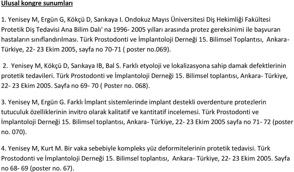 Türk Prostodonti ve İmplantoloji Derneği 15. Bilimsel Toplantısı, Ankara- Türkiye, 22-23 Ekim 2005, sayfa no 70-71 ( poster no.069). 2. Yenisey M, Kökçü D, Sarıkaya IB, Bal S.