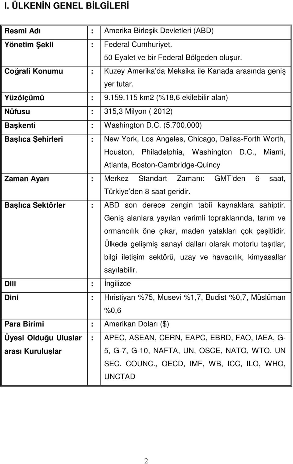 000) Başlıca Şehirleri : New York, Los Angeles, Chicago, Dallas-Forth Worth, Houston, Philadelphia, Washington D.C., Miami, Atlanta, Boston-Cambridge-Quincy Zaman Ayarı : Merkez Standart Zamanı: GMT den 6 saat, Türkiye den 8 saat geridir.