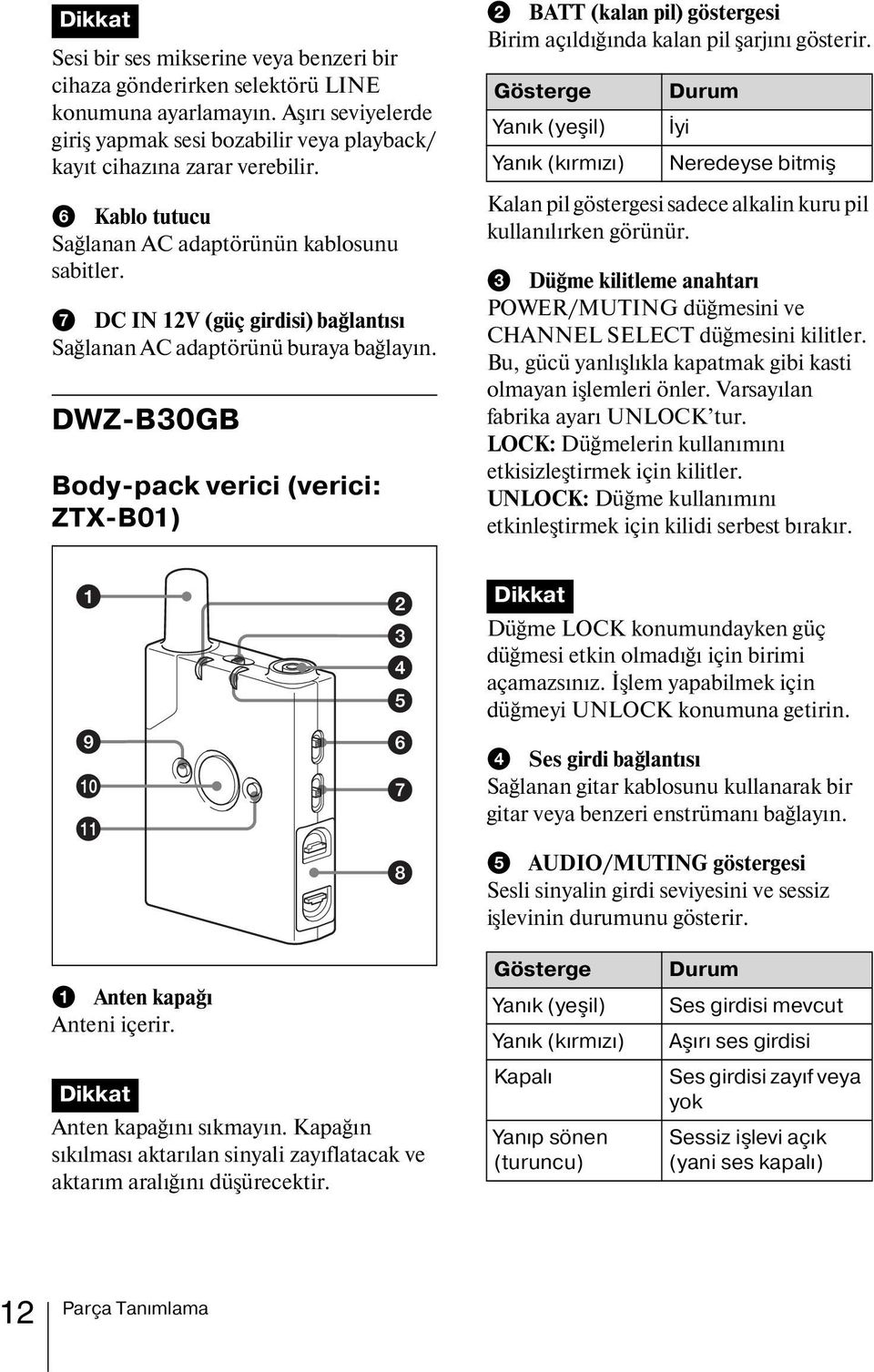 DWZ-B30GB Body-pack verici (verici: ZTX-B01) b BATT (kalan pil) göstergesi Birim açıldığında kalan pil şarjını gösterir.