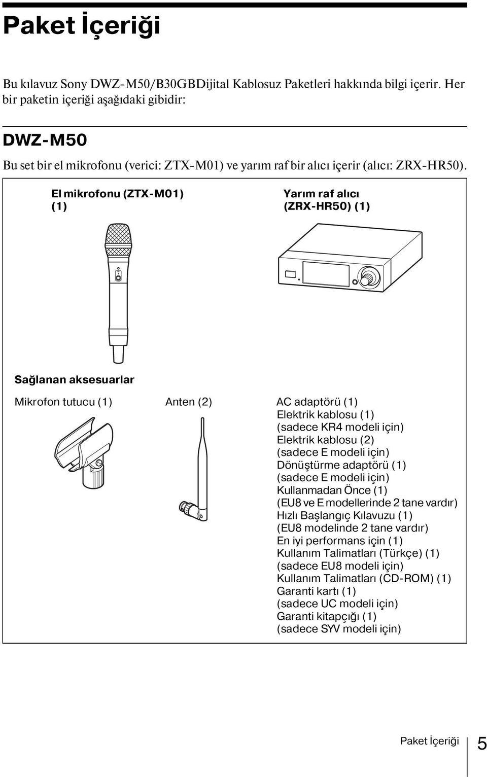 El mikrofonu (ZTX-M01) (1) Yarım raf alıcı (ZRX-HR50) (1) Sağlanan aksesuarlar Mikrofon tutucu (1) Anten (2) AC adaptörü (1) Elektrik kablosu (1) (sadece KR4 modeli için) Elektrik kablosu (2) (sadece