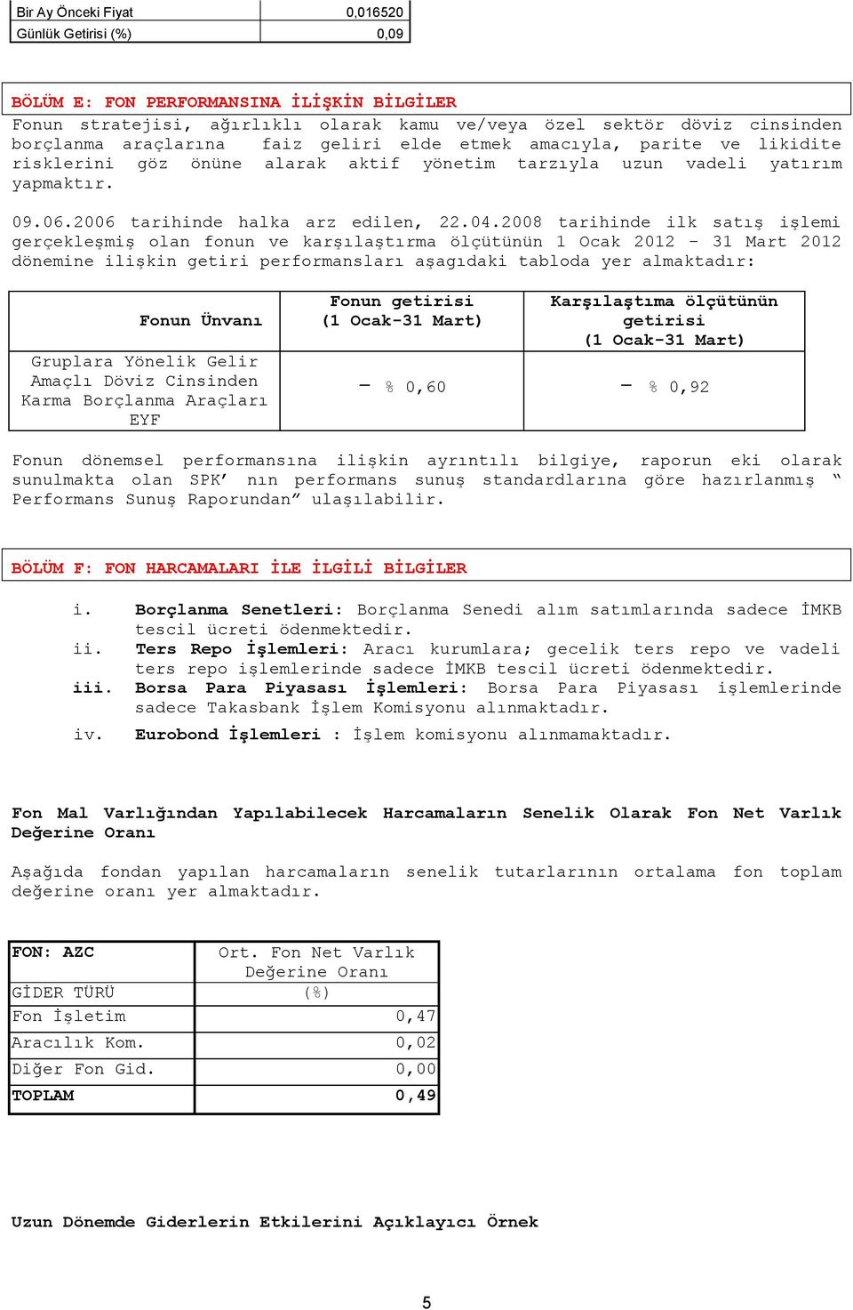 2008 tarihinde ilk satış işlemi gerçekleşmiş olan fonun ve karşılaştırma ölçütünün 1 Ocak 2012 31 Mart 2012 dönemine ilişkin getiri performansları aşagıdaki tabloda yer almaktadır: Fonun Ünvanı