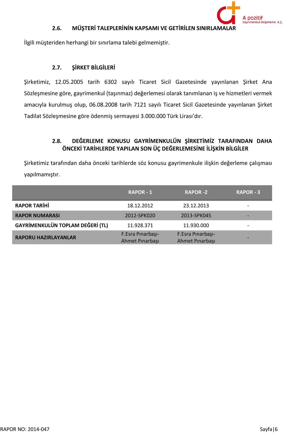 2008 tarih 7121 sayılı Ticaret Sicil Gazetesinde yayınlanan Şirket Tadilat Sözleşmesine göre ödenmiş sermayesi 3.000.000 Türk Lirası dır. 2.8. DEĞERLEME KONUSU GAYRİMENKULÜN ŞİRKETİMİZ TARAFINDAN