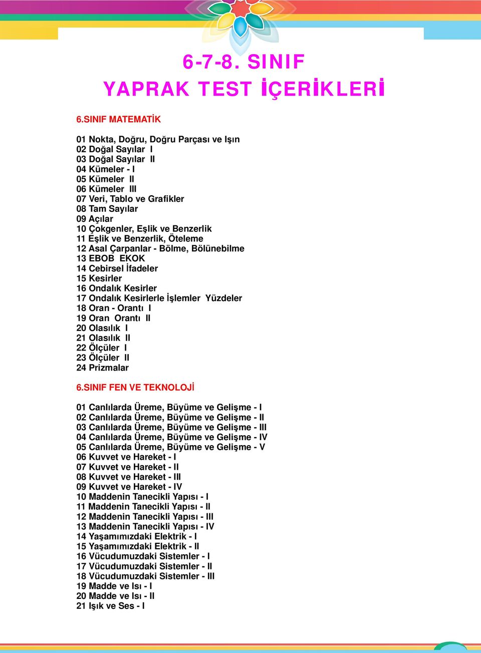 Çokgenler, E lik ve Benzerlik 11 E lik ve Benzerlik, Öteleme 12 Asal Çarpanlar - Bölme, Bölünebilme 13 EBOB EKOK 14 Cebirsel fadeler 15 Kesirler 16 Ondal k Kesirler 17 Ondal k Kesirlerle lemler