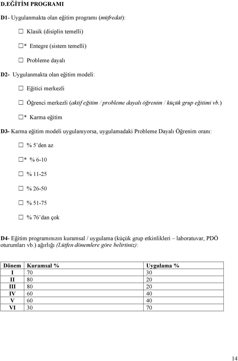 ) * Karma eğitim D3- Karma eğitim modeli uygulanıyorsa, uygulamadaki Probleme Dayalı Öğrenim oranı: % 5 den az * % 6-10 % 11-25 % 26-50 % 51-75 % 76 dan çok D4-