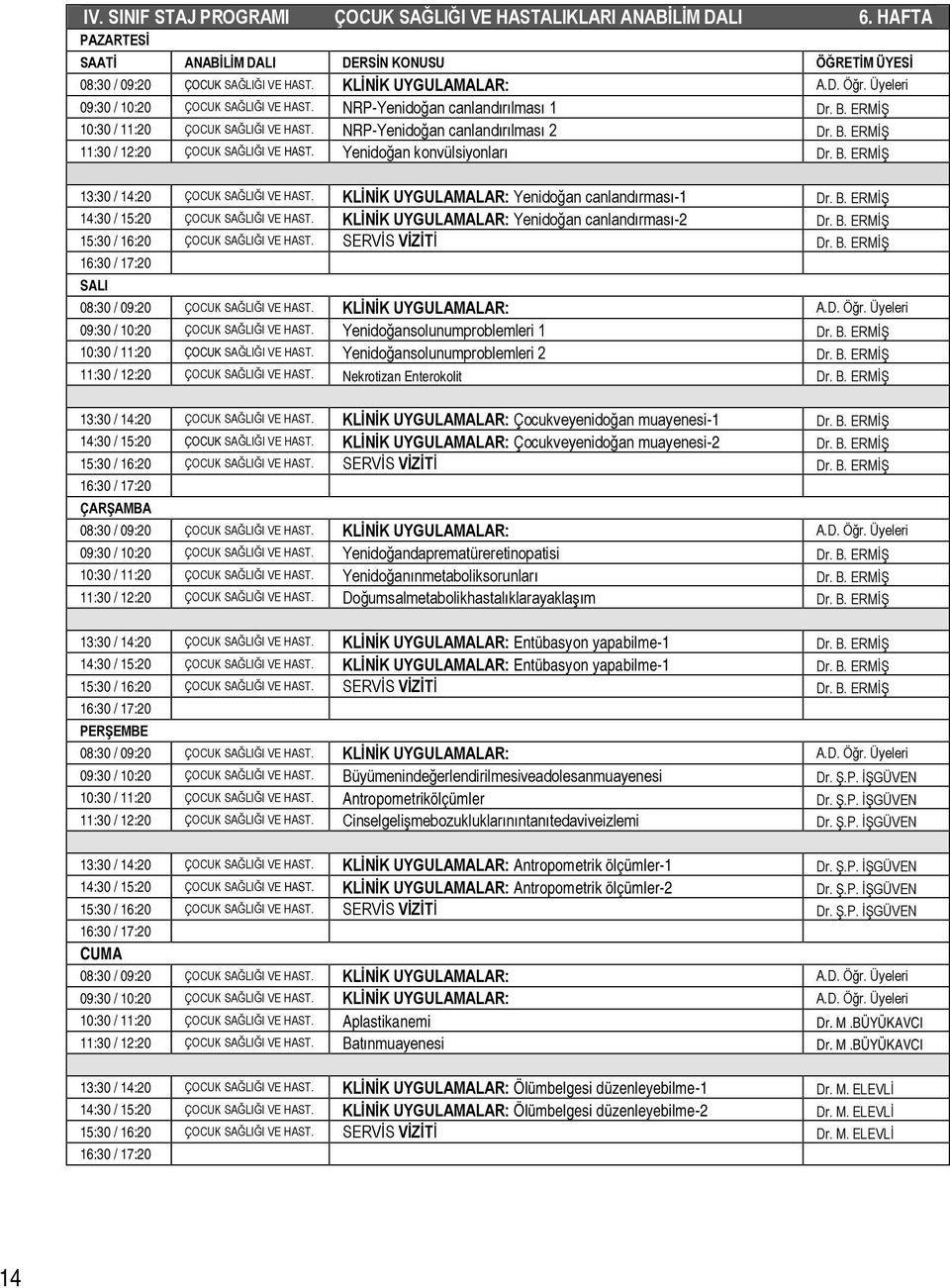 KLİNİK UYGULAMALAR: Yenidoğan canlandırması-1 Dr. B. ERMİŞ 14:30 / 15:20 ÇOCUK SAĞLIĞI VE HAST. KLİNİK UYGULAMALAR: Yenidoğan canlandırması-2 Dr. B. ERMİŞ 15:30 / 16:20 ÇOCUK SAĞLIĞI VE HAST.