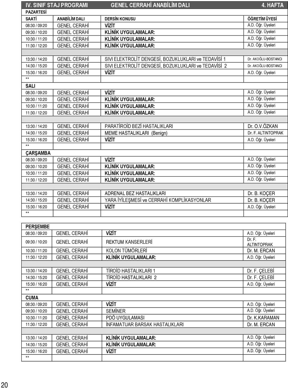 F. ALTINTOPRAK 13:30 / 14:20 GENEL CERAHİ ADRENAL BEZ HASTALIKLARI Dr. B. KOÇER 14:30 / 15:20 GENEL CERAHİ YARA İYİLEŞMESİ ve CERRAHİ KOMPLİKASYONLAR Dr. B. KOÇER Dr. F.